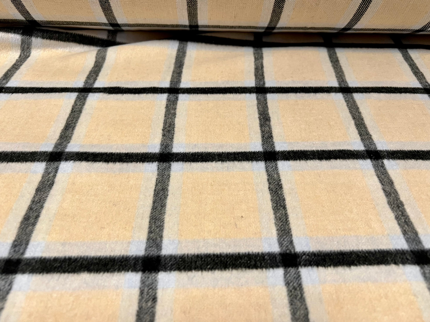 Wool mouflon coat jacket fabric, per metre - jumbo check plaid - beige sky blue & charcoal