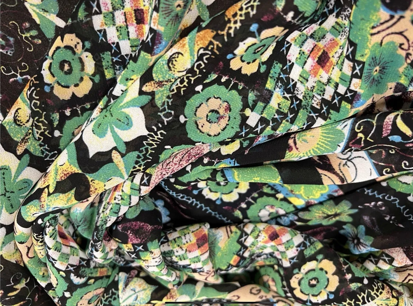 Chiffon woven dress blouse fabric, per metre - floral stripe print - green & turquoise