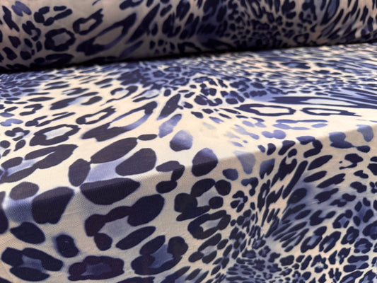Power mesh net stretch spandex fabric, per metre - leopard print - blue & cream