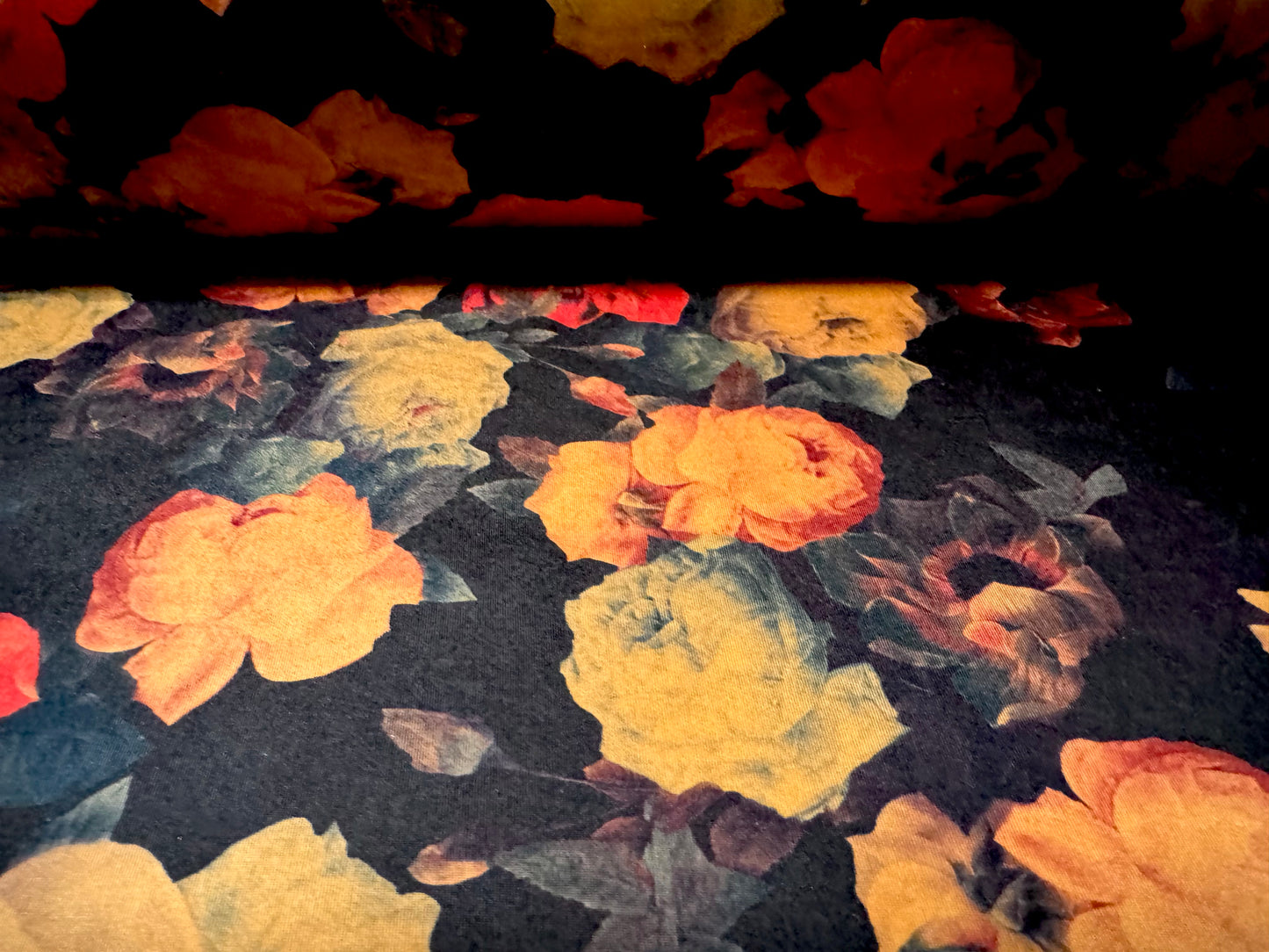 Soft touch stretch spandex single jersey fabric, per metre - roses print - black amber & red