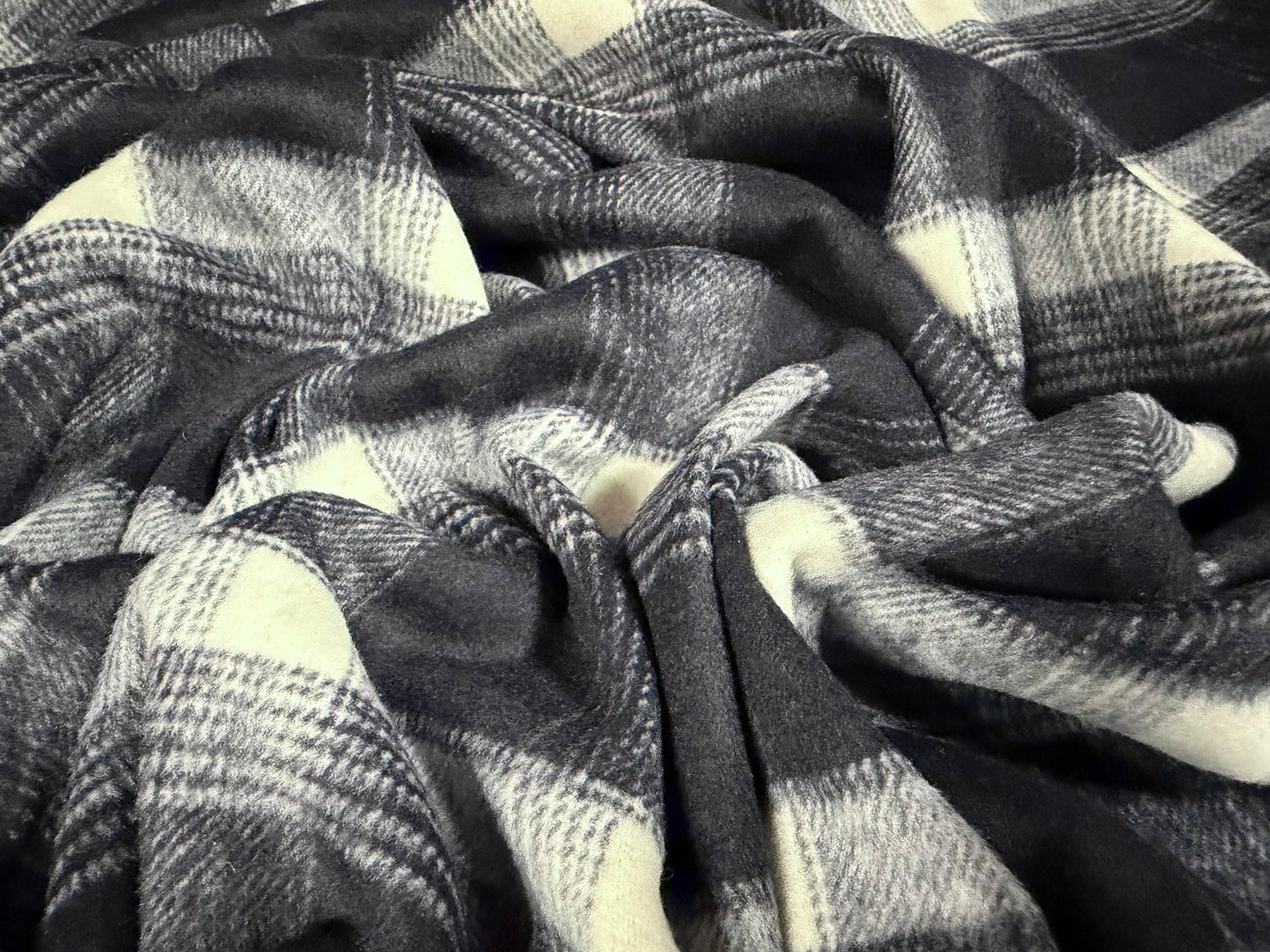Wool flannel fabric, per metre - plaid check - midnight & ivory