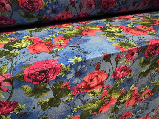 Barcelona stretch woven dress fabric, per metre - roses floral print - blue & pink
