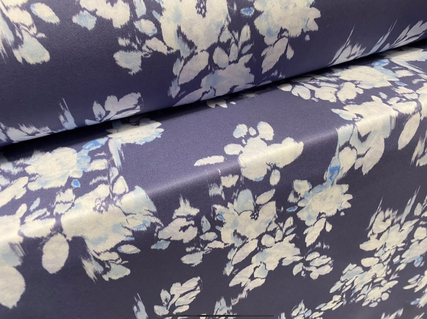 Scuba stretch spandex double jersey dress fabric, per metre - flower print - blue grey