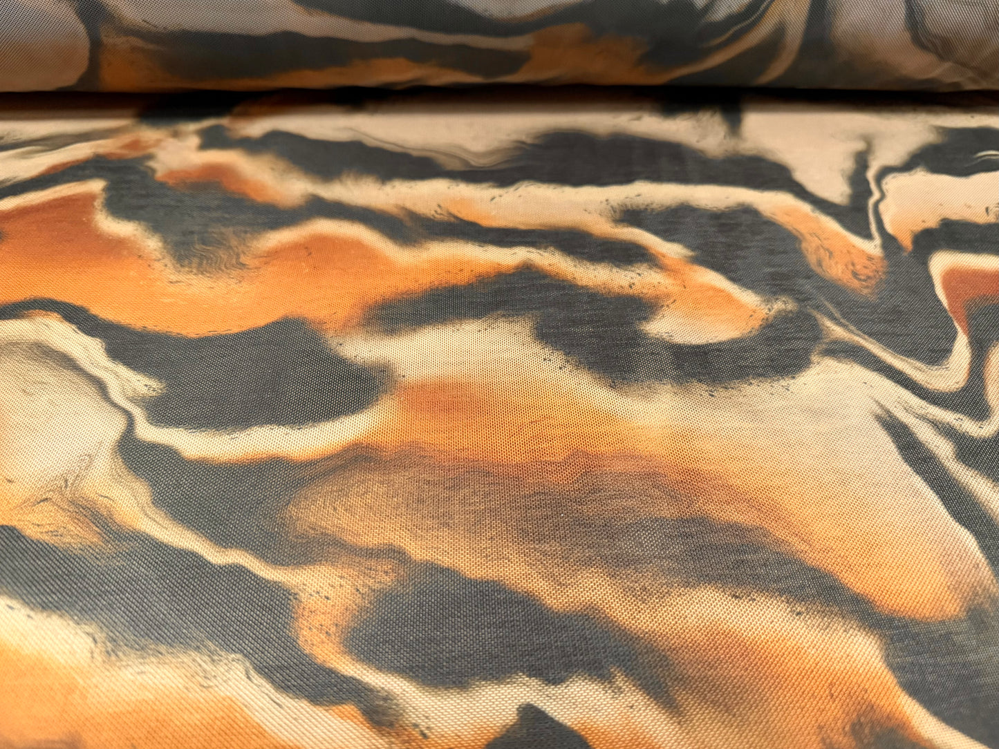 Power mesh net stretch spandex fabric, per metre - abstract tiger print - caramel & beige