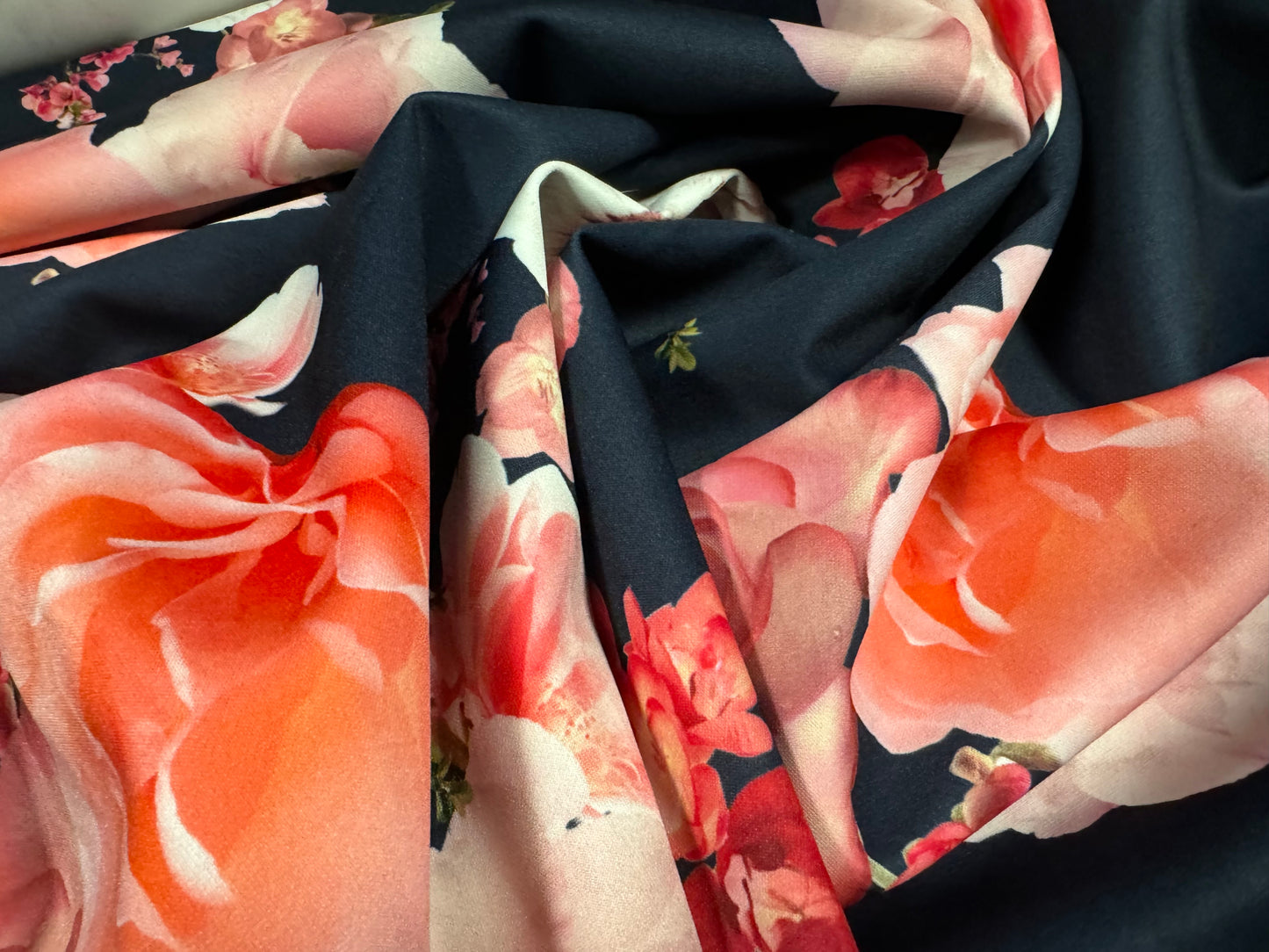 Scuba stretch spandex double jersey dress fabric, per metre - rose floral print - navy & pink