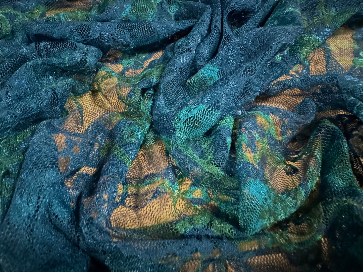 Stretch spandex mesh lace fabric, per metre - dragon print - blue & green