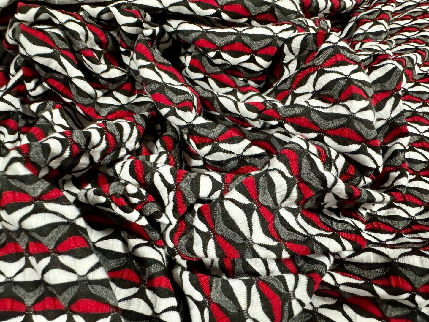 Stretch spandex double jersey fabric, per metre - geometric stripe jacquard - red white & grey