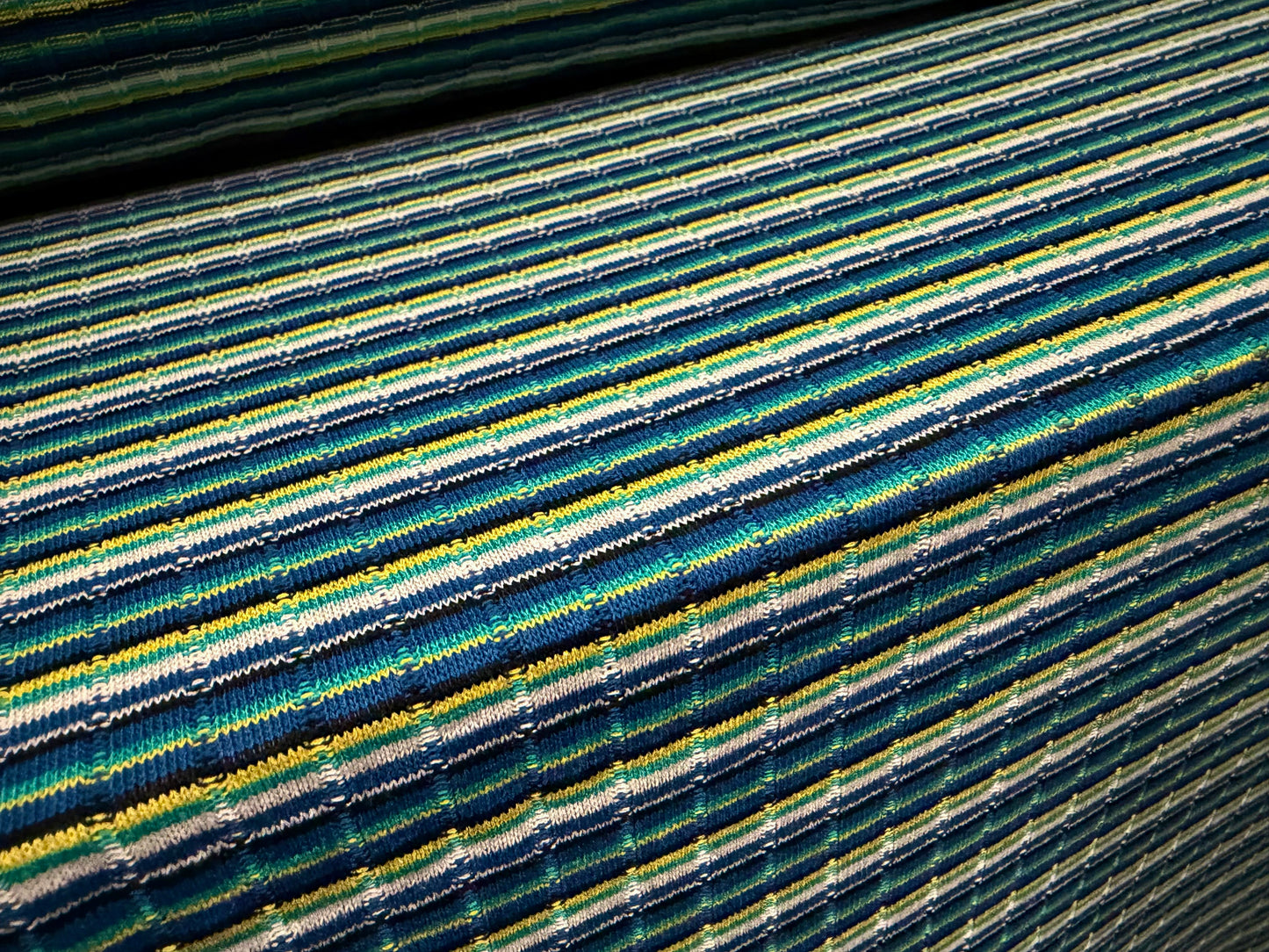 Ribbed knitwear fabric, per metre - stripes - jade green, blue & yellow