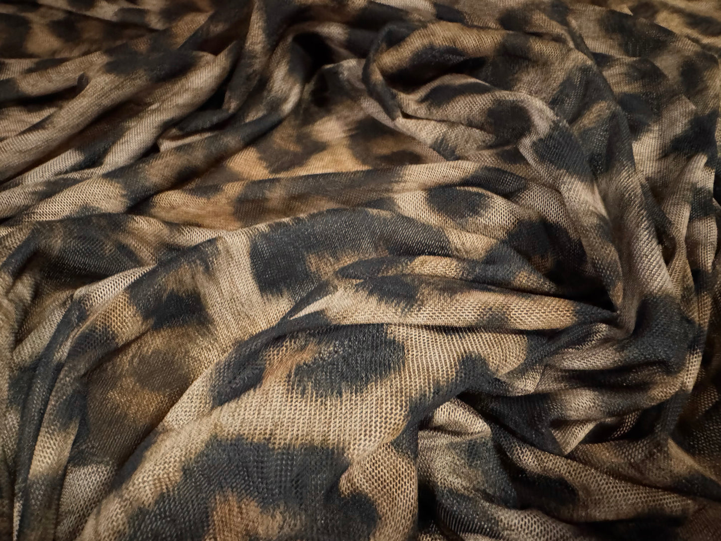 Power mesh net stretch spandex fabric, per metre - leopard print - brown & stone