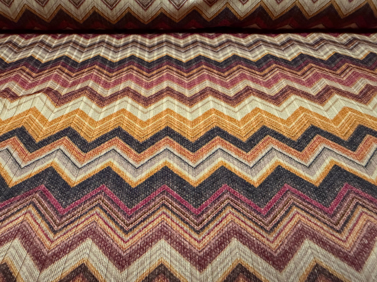 Stretch spandex rib jersey fabric, per metre - zigzag print - stone mustard & magenta