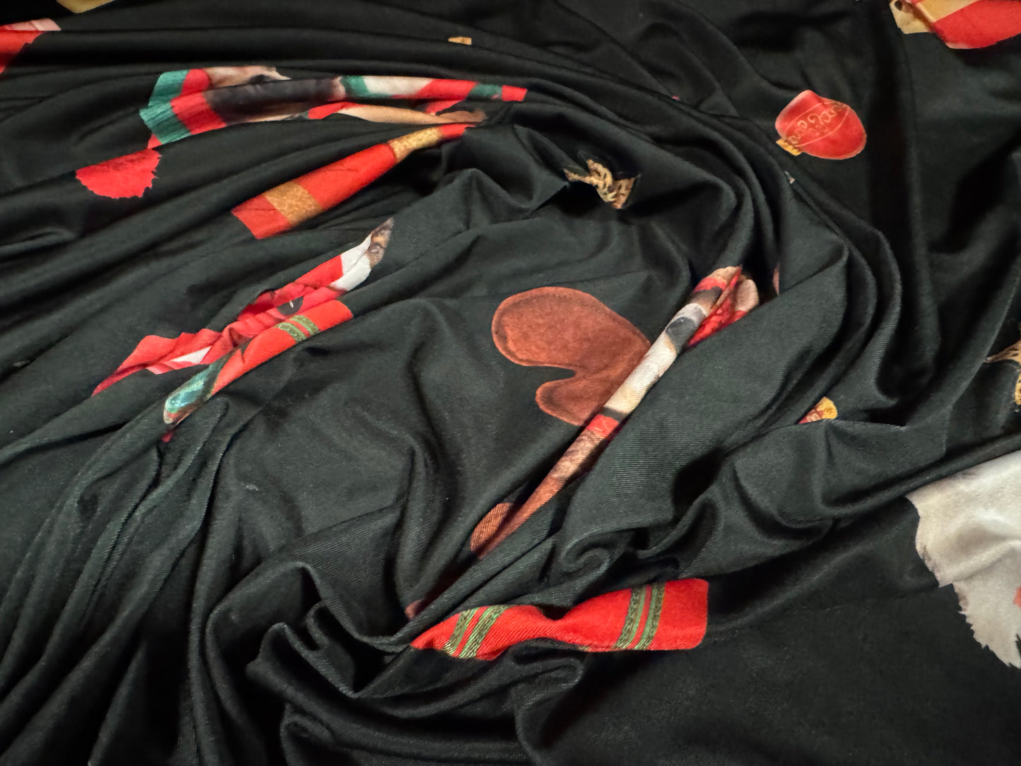 Soft touch stretch spandex single jersey fabric, per metre - Christmas Dogs print - black & red