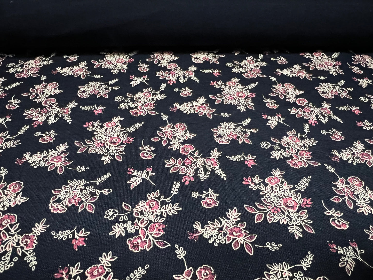 Viscose spandex stretch single jersey fabric, per metre - floral bouquet print - navy blue & pink