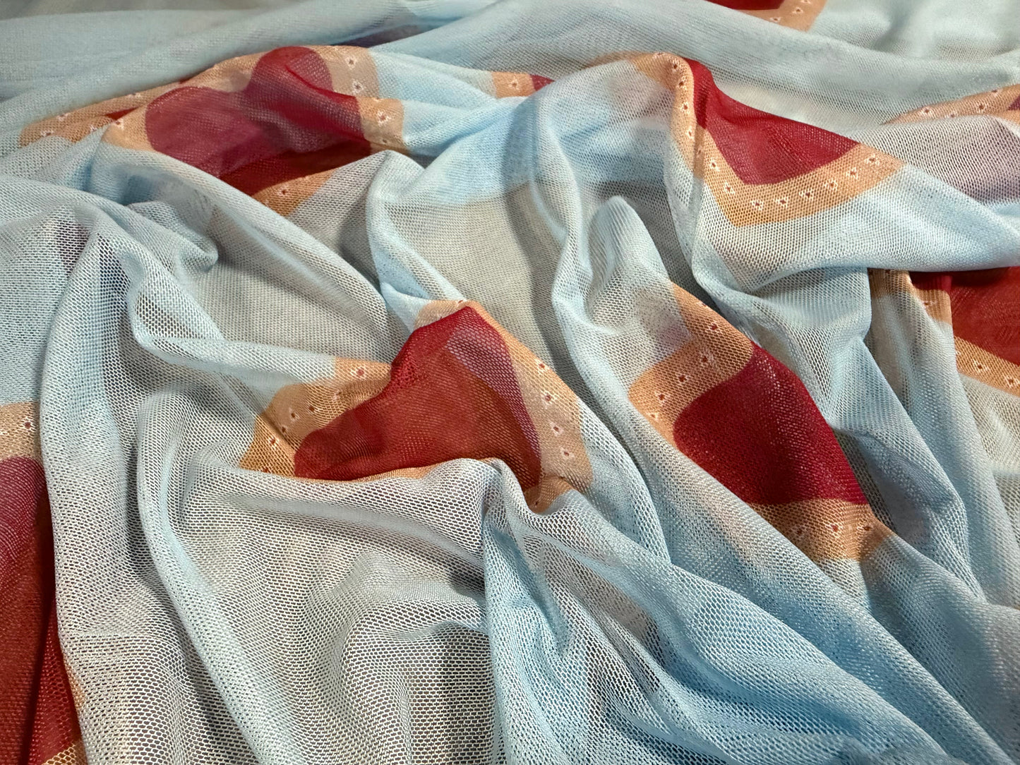 Power mesh net stretch spandex fabric, per metre - love heart print - sky blue & red