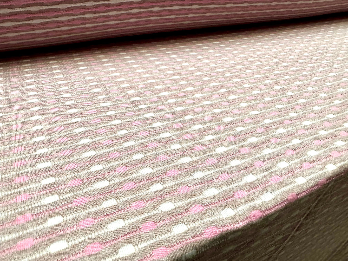 Stretch jersey fashion fabric, per metre - dobby stripe jacquard - pink & grey