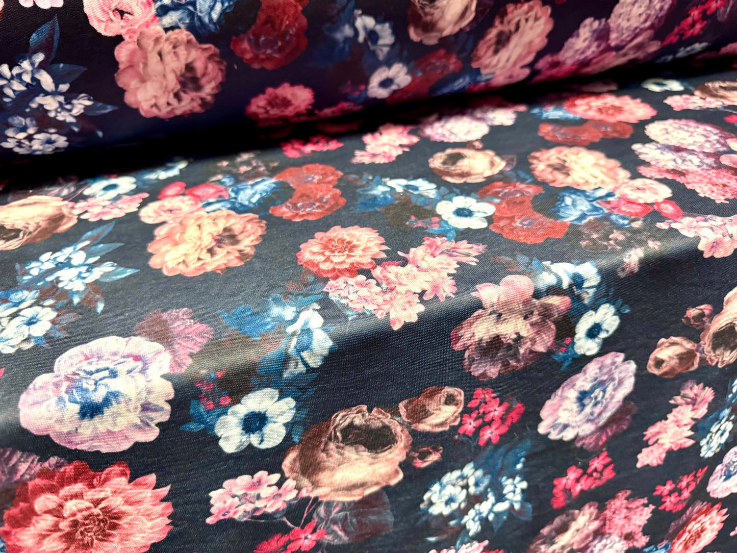 Double jersey upholstery fabric, per metre - rose print - navy & pink