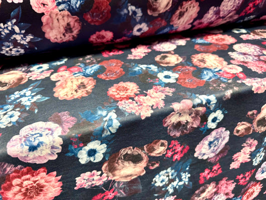 Double jersey upholstery fabric, per metre - rose print - navy & pink