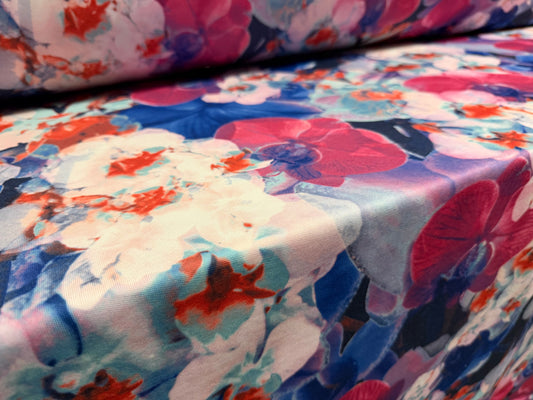 Toledo double jersey fabric, per metre - blossom print - fuchsia pink & blue