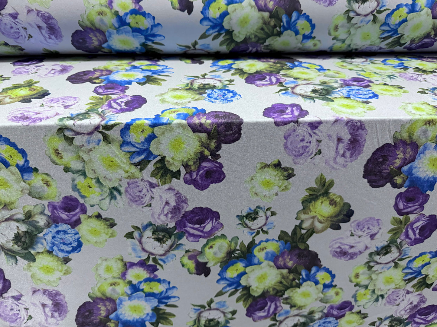 ITY stretch spandex single jersey fabric, per metre - rose print - blue & purple