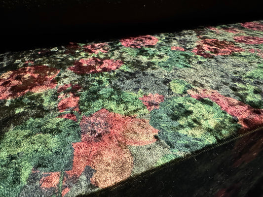 Soft panné velour fabric, per metre - floral rose print - olive green & wine