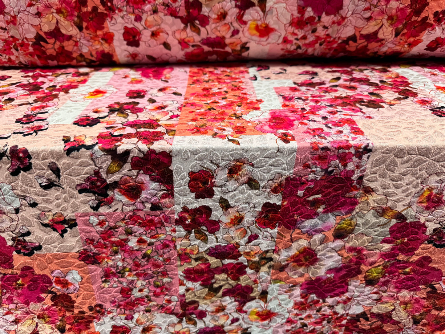 Stretch spandex jersey jacquard fabric, per metre - floral patchwork print - pink
