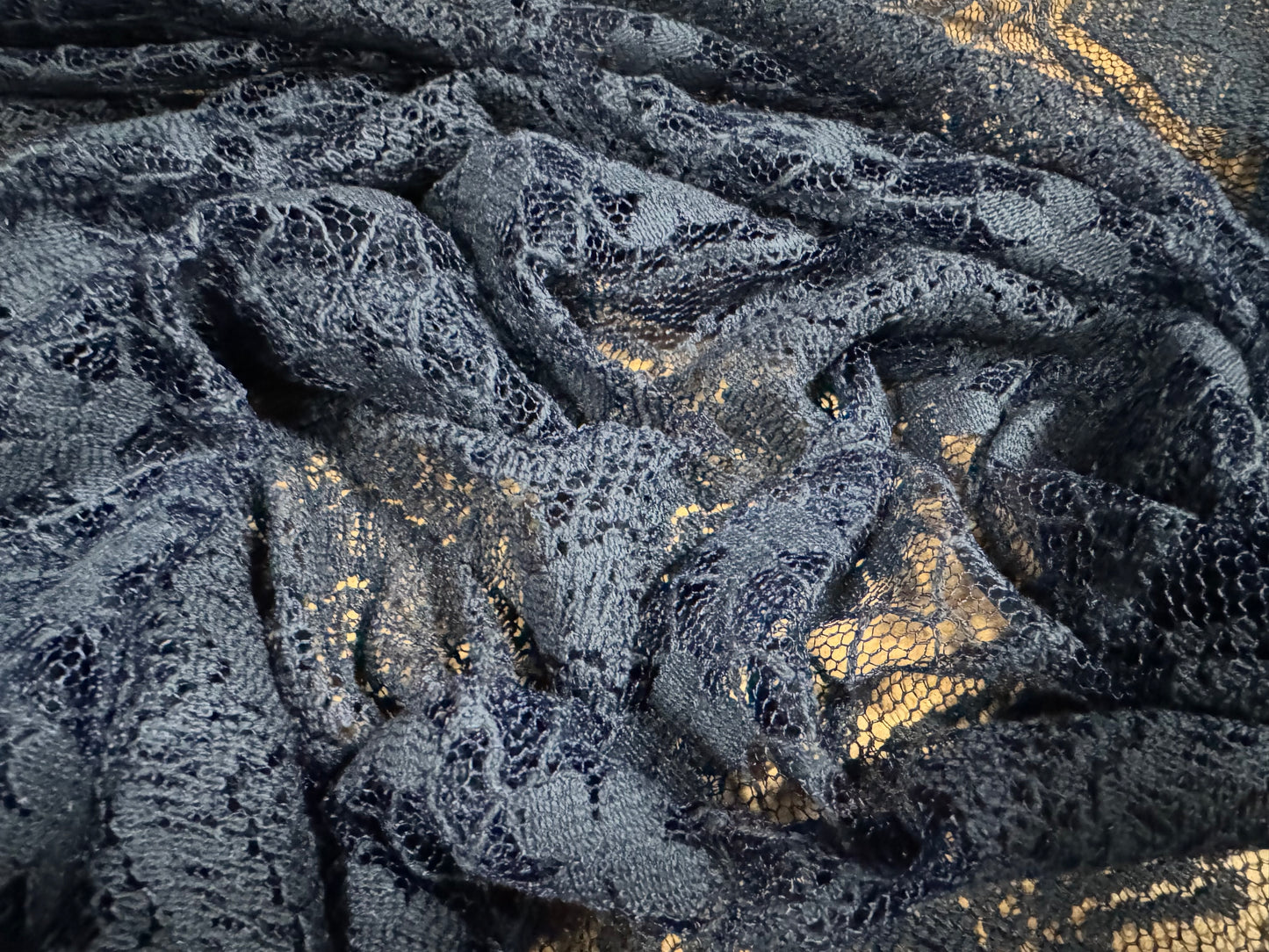 Lightweight mesh lace fabric, per metre - floral stripe - petrol blue