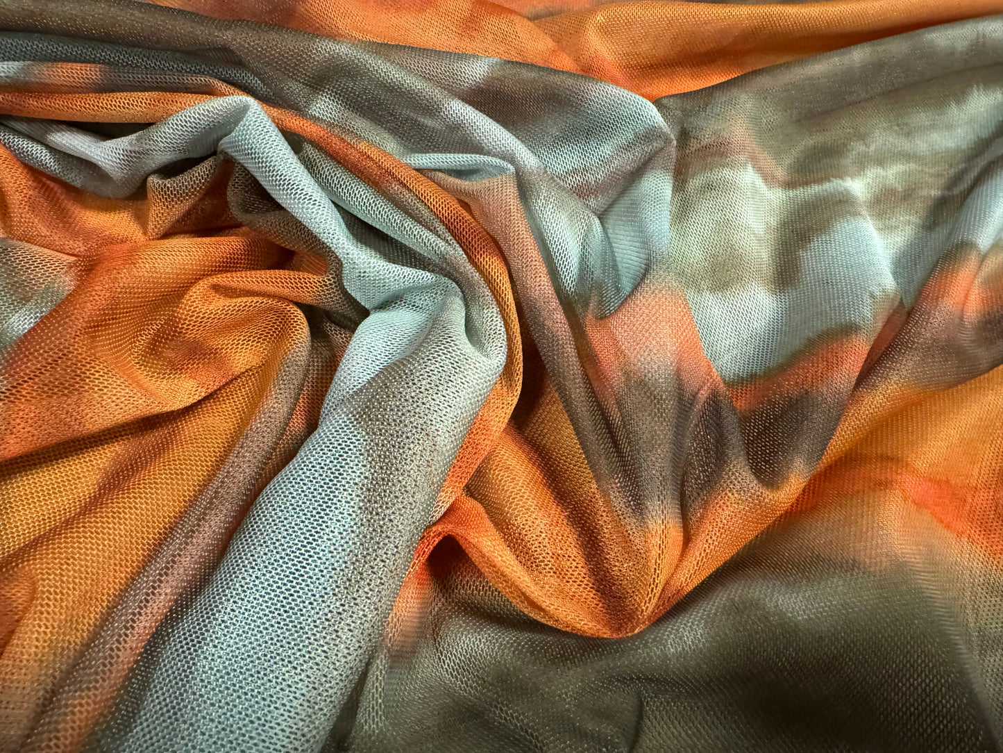 Power mesh net sheer stretch spandex fabric, per metre - sunset wave print - orange & aqua