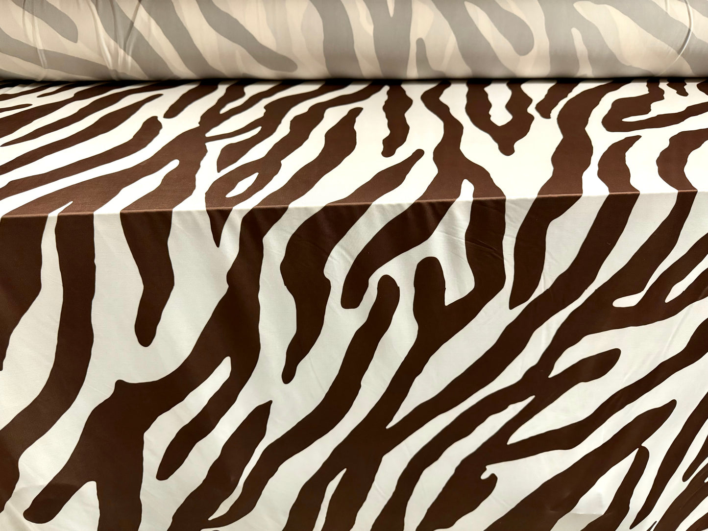 Soft touch stretch spandex single jersey fabric, per metre - jumbo zebra animal print - white & chocolate brown