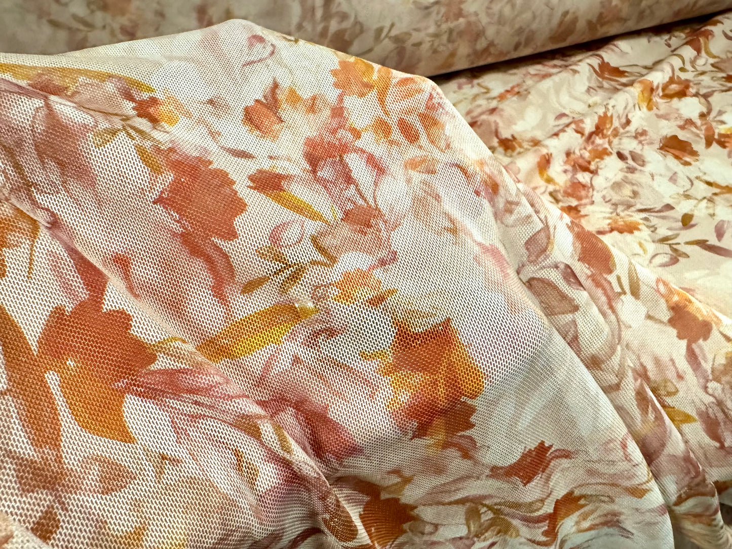 Power mesh net stretch spandex fabric, per metre - floral print - cream & dusky pink