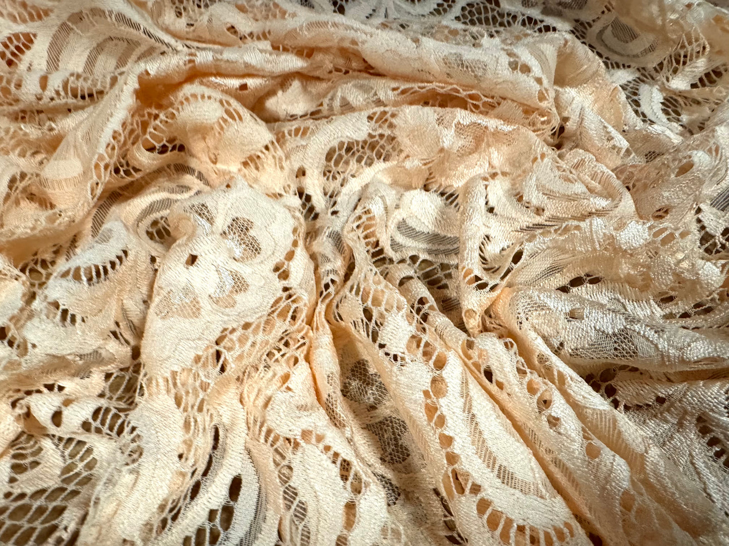 Soft stretch lace dress fabric, per metre - scalloped selvedge - flower design - peach