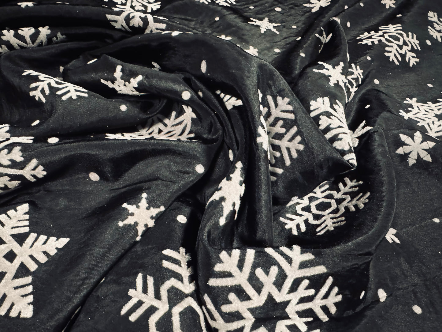 Taffeta faux silk fabric - flocked snowflake print - black & greystone