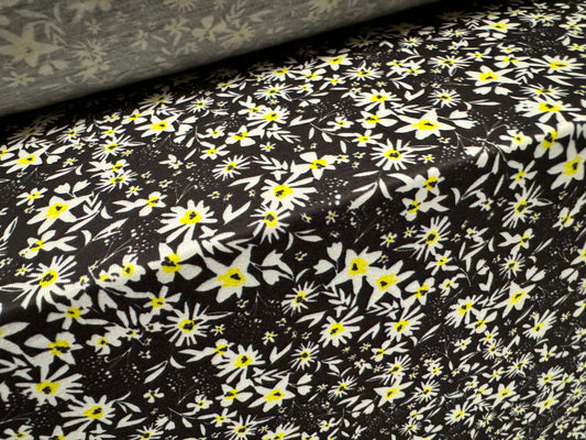 Soft handle stretch single jersey fashion fabric, per metre - daisy flower print - black yellow & white