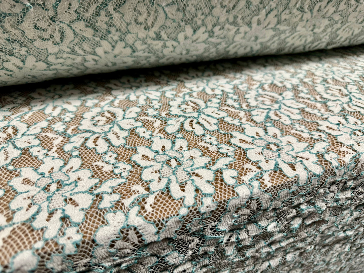 Stretch lace fabric, per metre - floral design - mint green & ivory