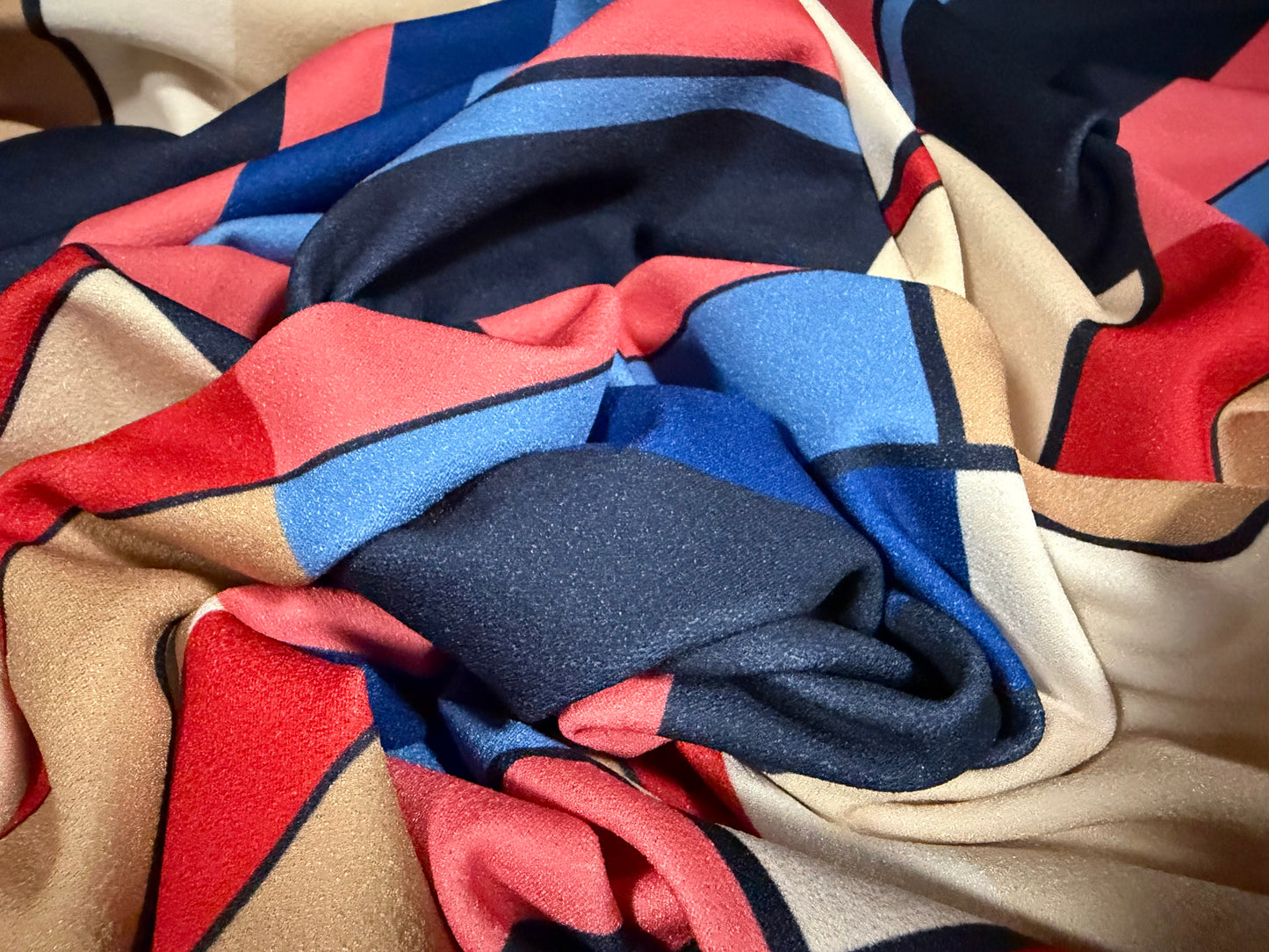 Scuba crepe stretch spandex double jersey fabric, per metre - bias colour block print - blue pink & beige