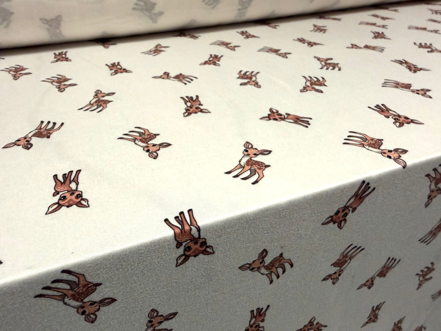 Super soft stretch single jersey fabric, per metre - cartoon deer print - ivory & brown