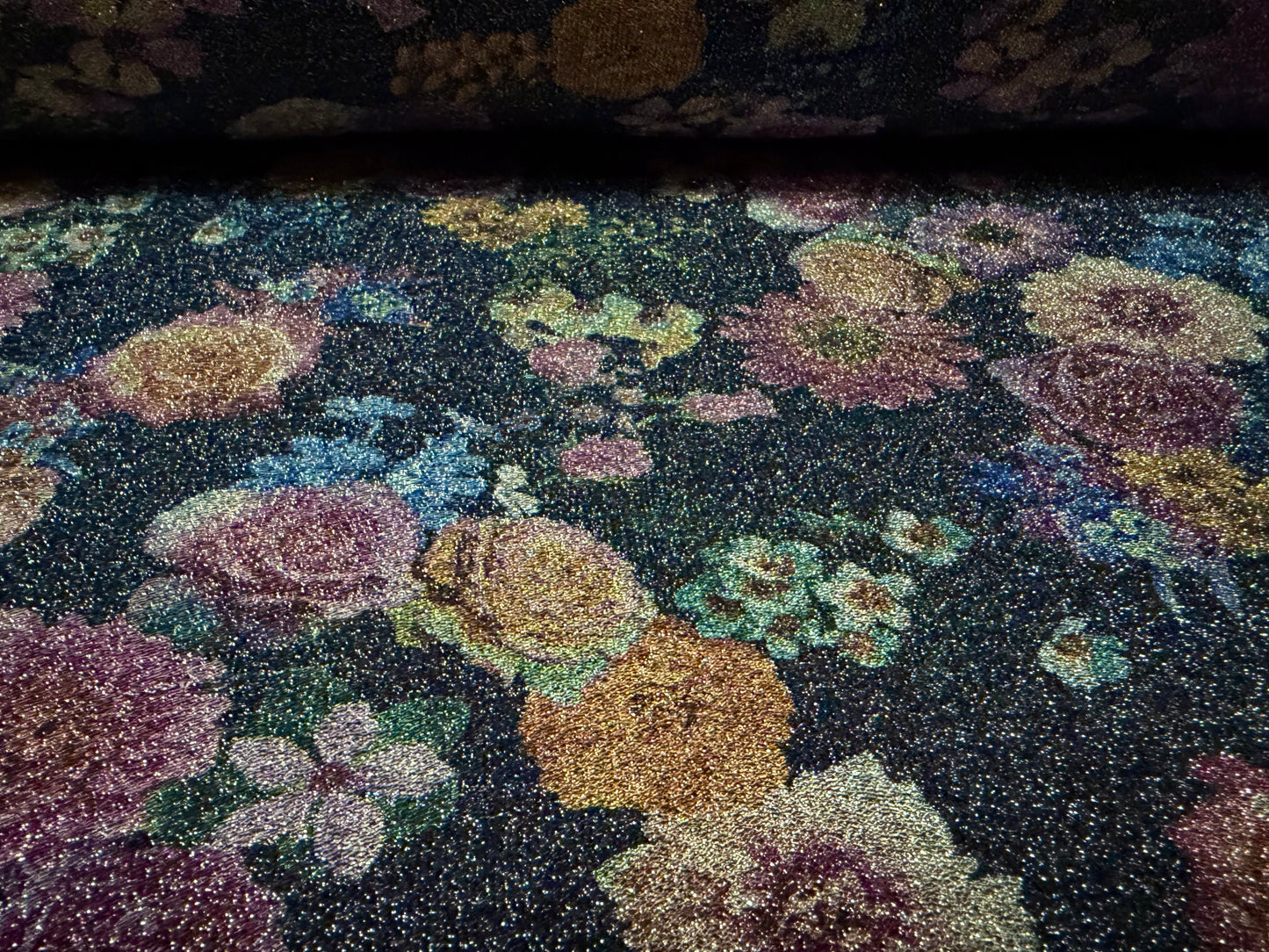 Metallic slinky spandex jersey fabric, per metre - floral - navy & pink