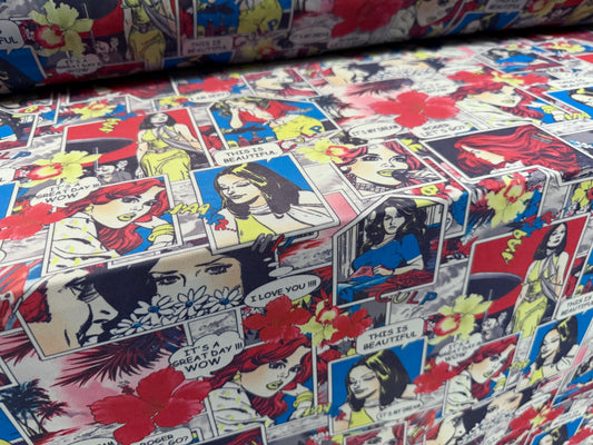Power mesh net stretch spandex fabric, per metre - comic strip print - blue-grey & red