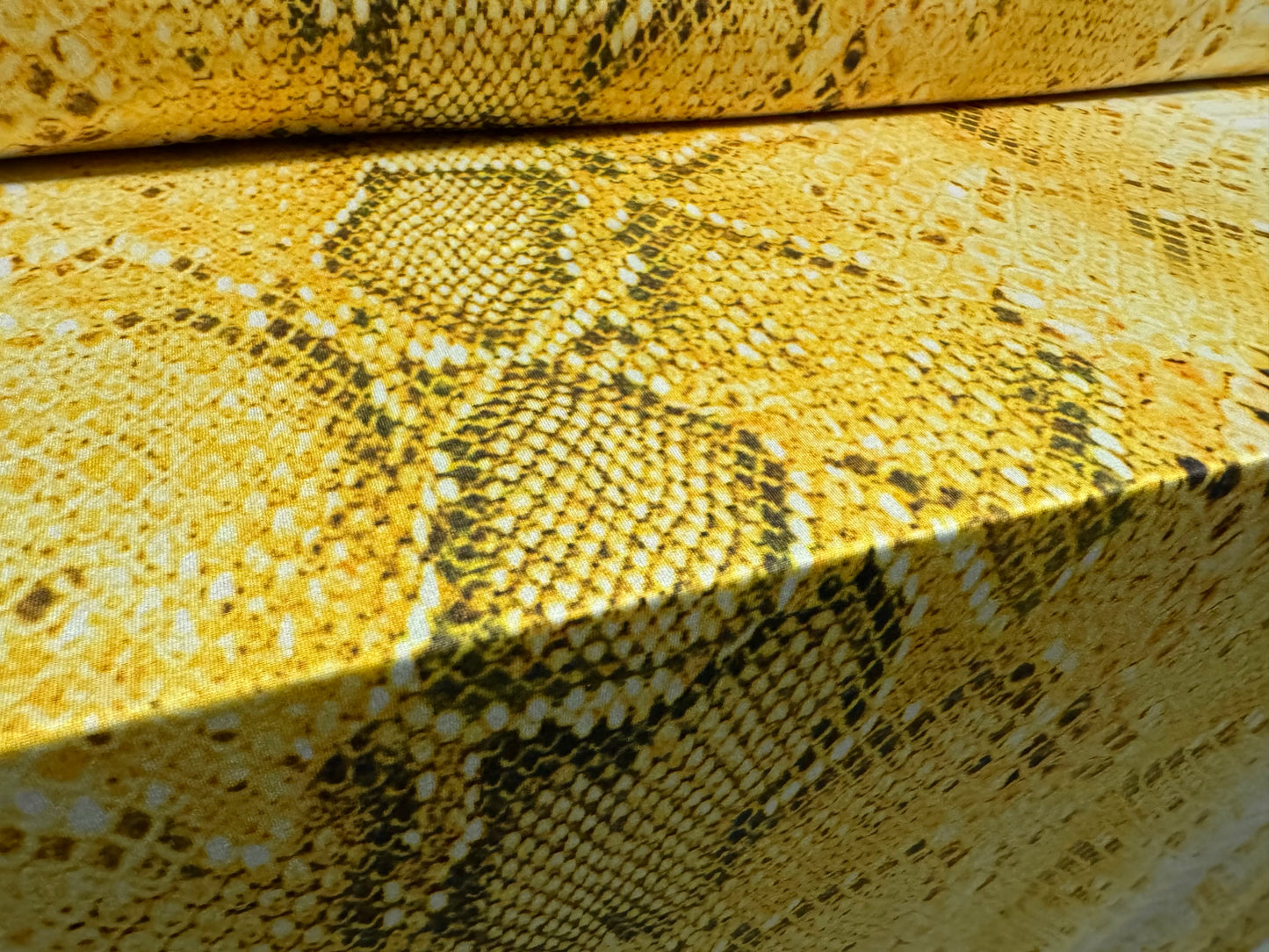 Soft touch stretch spandex single jersey fabric, per metre - snakeskin animal print - gold