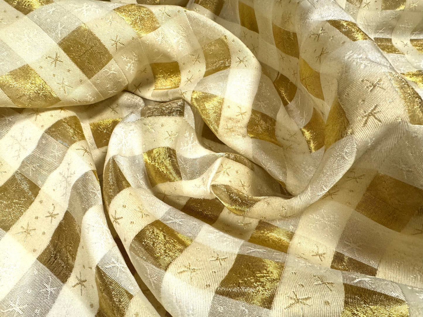 Taffeta faux silk fabric - metallic gingham and snowflake jacquard - gold & cream