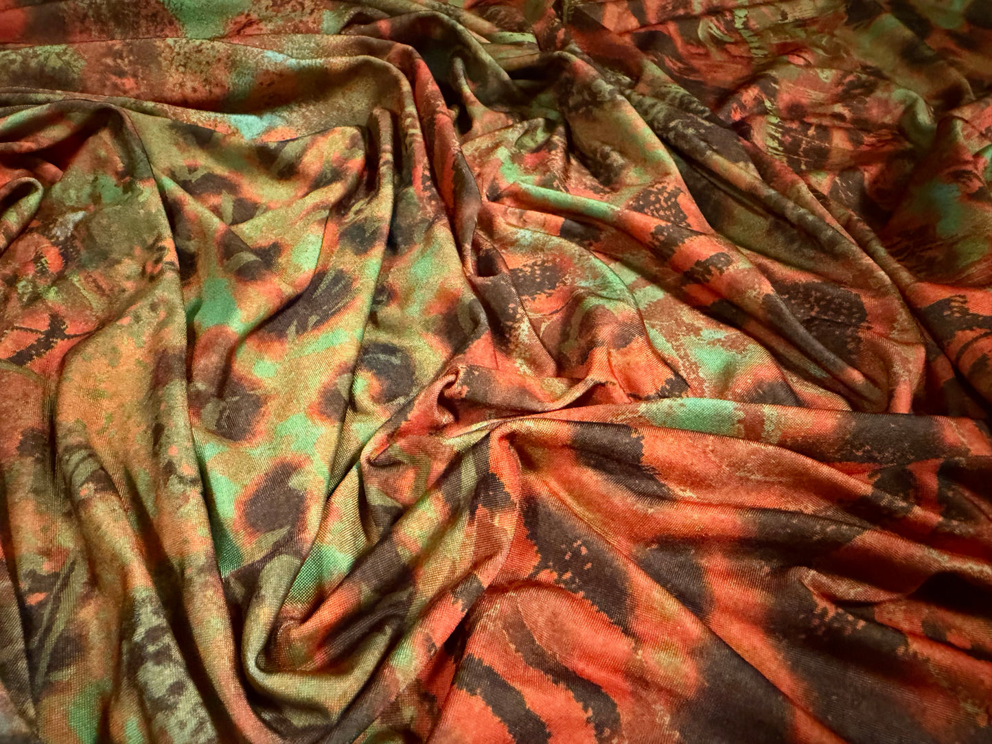 Stretch spandex single jersey ITY fabric, per metre - butterfly print - burnt orange & green