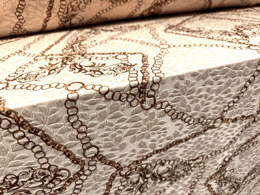 Stretch spandex jersey jacquard fabric, per metre - gold chains print - cream
