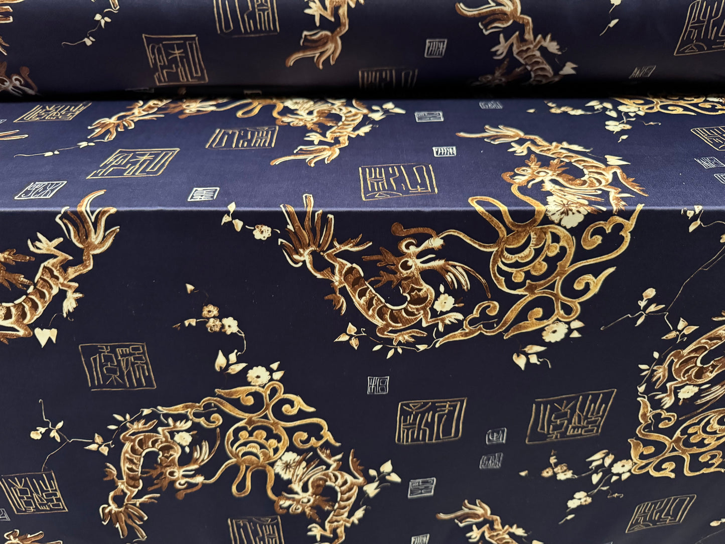 Soft touch stretch spandex single jersey fabric, per metre - Dragons print - navy & gold