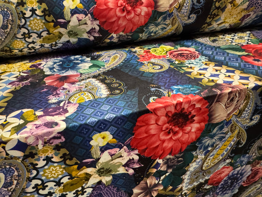 Soft touch stretch spandex single jersey fabric, per metre - paisley rose print - multicolour