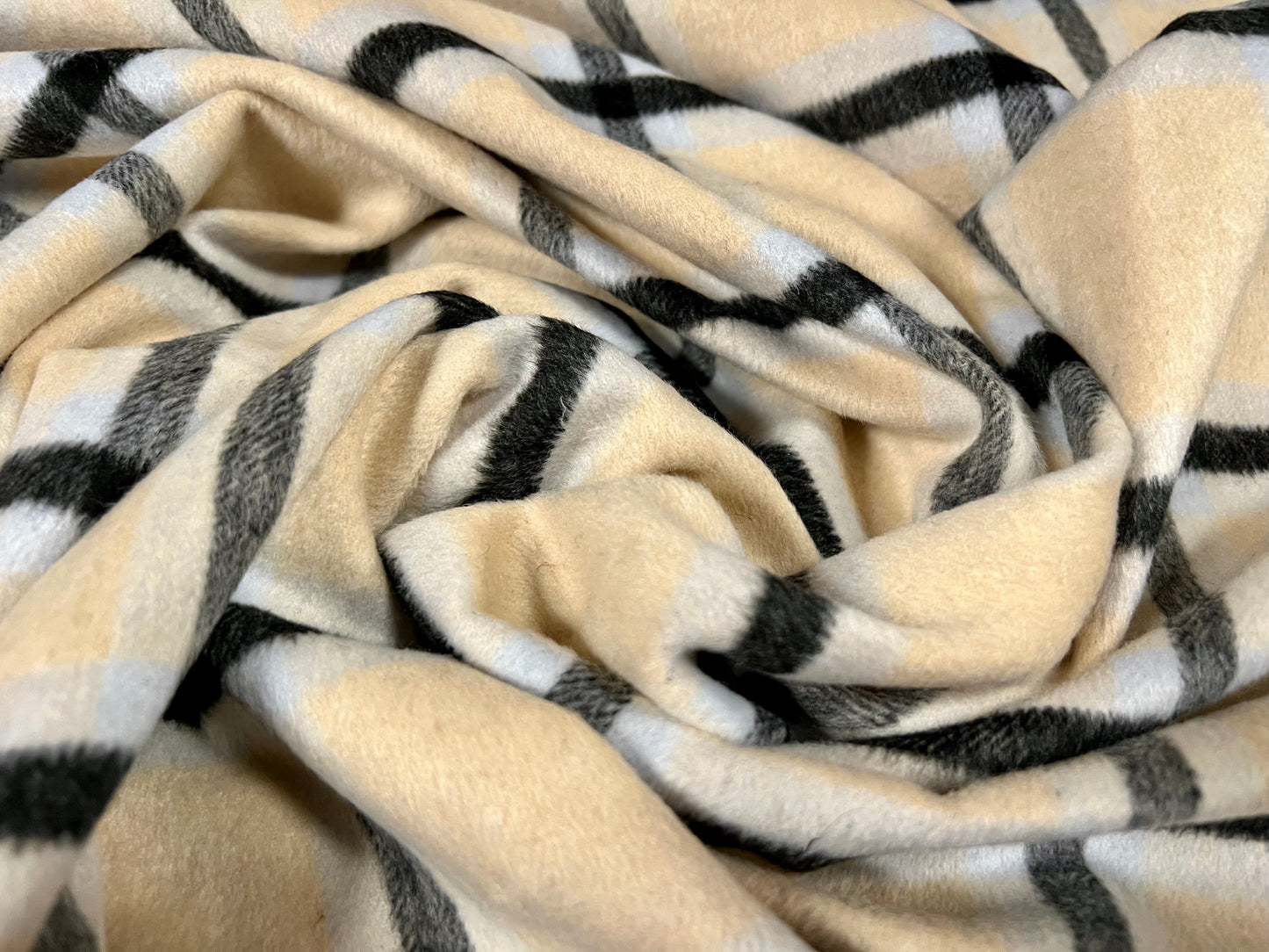 Wool mouflon coat jacket fabric, per metre - jumbo check plaid - beige sky blue & charcoal