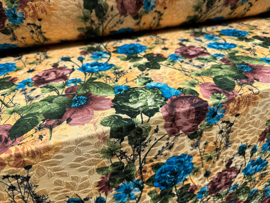 Stretch spandex jersey jacquard fabric, per metre - wild rose print - light gold & blue