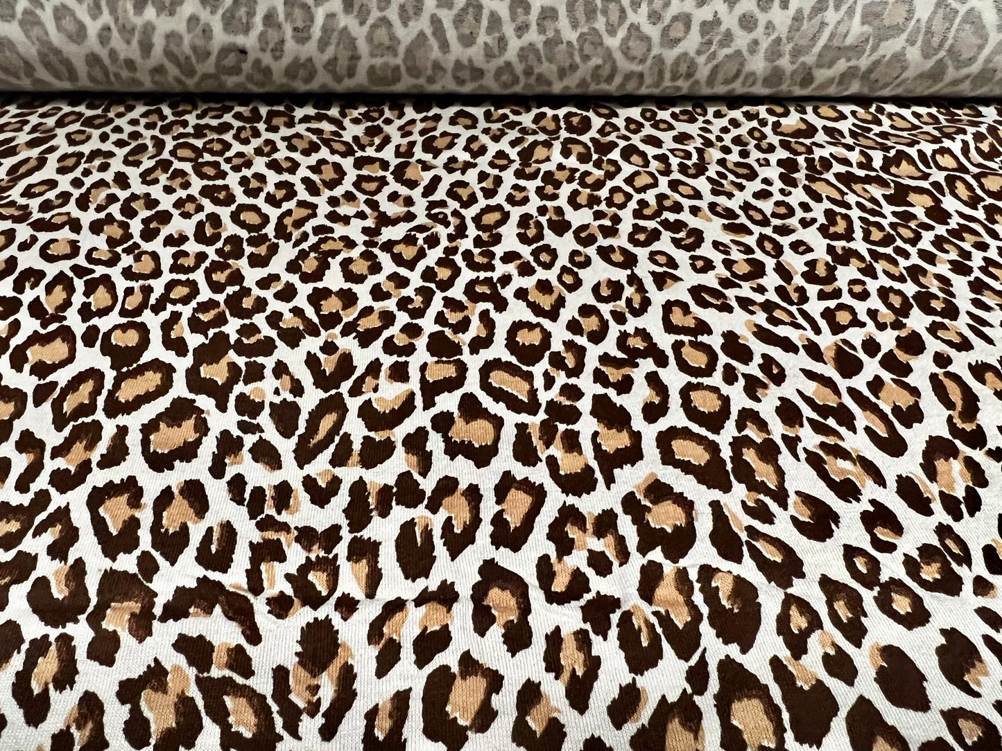 Cotton single jersey fabric, per metre - cheetah animal print - ivory & brown