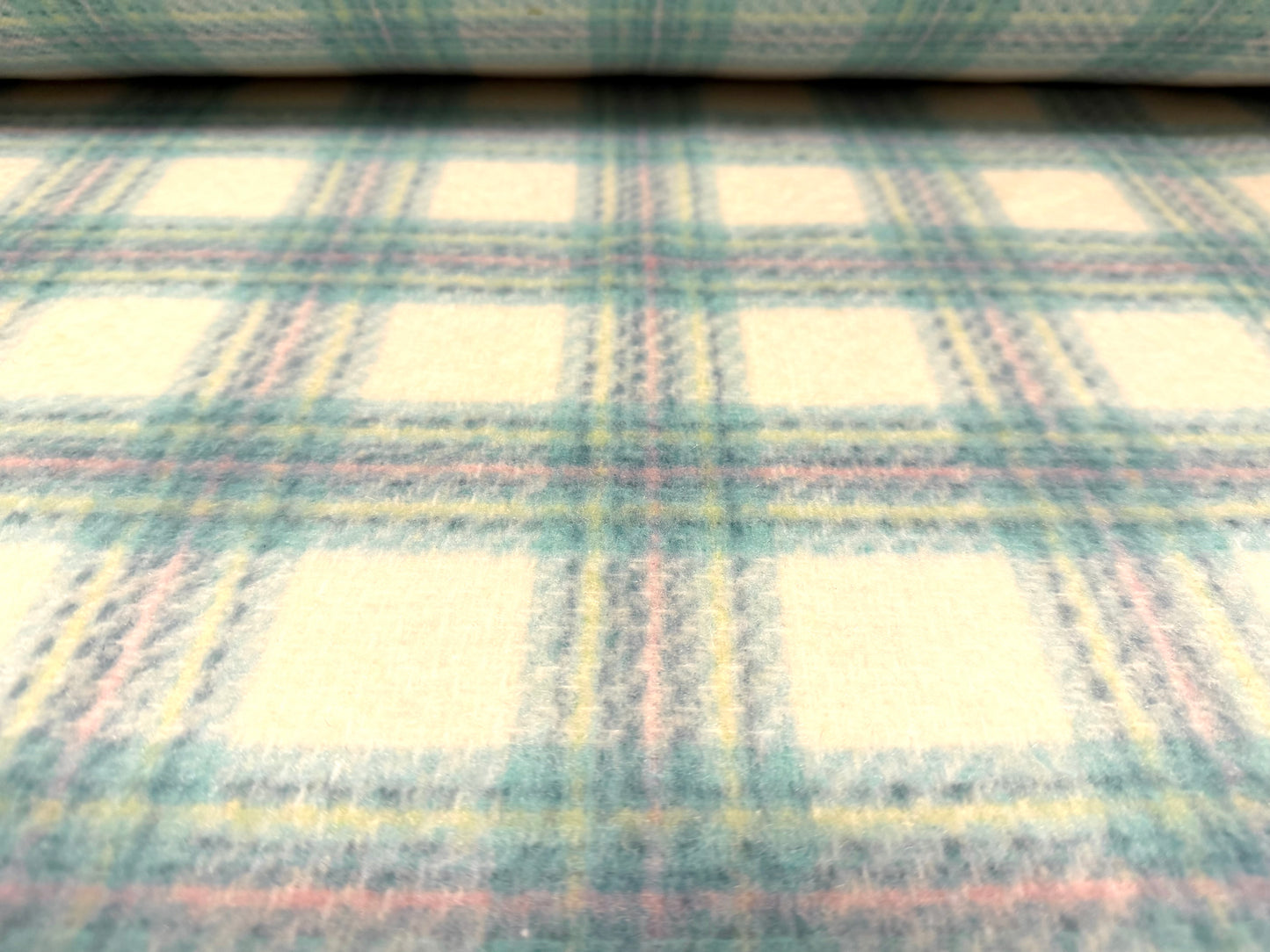 Heavyweight wool flannel fabric, per metre - plaid check - mint pink & ivory