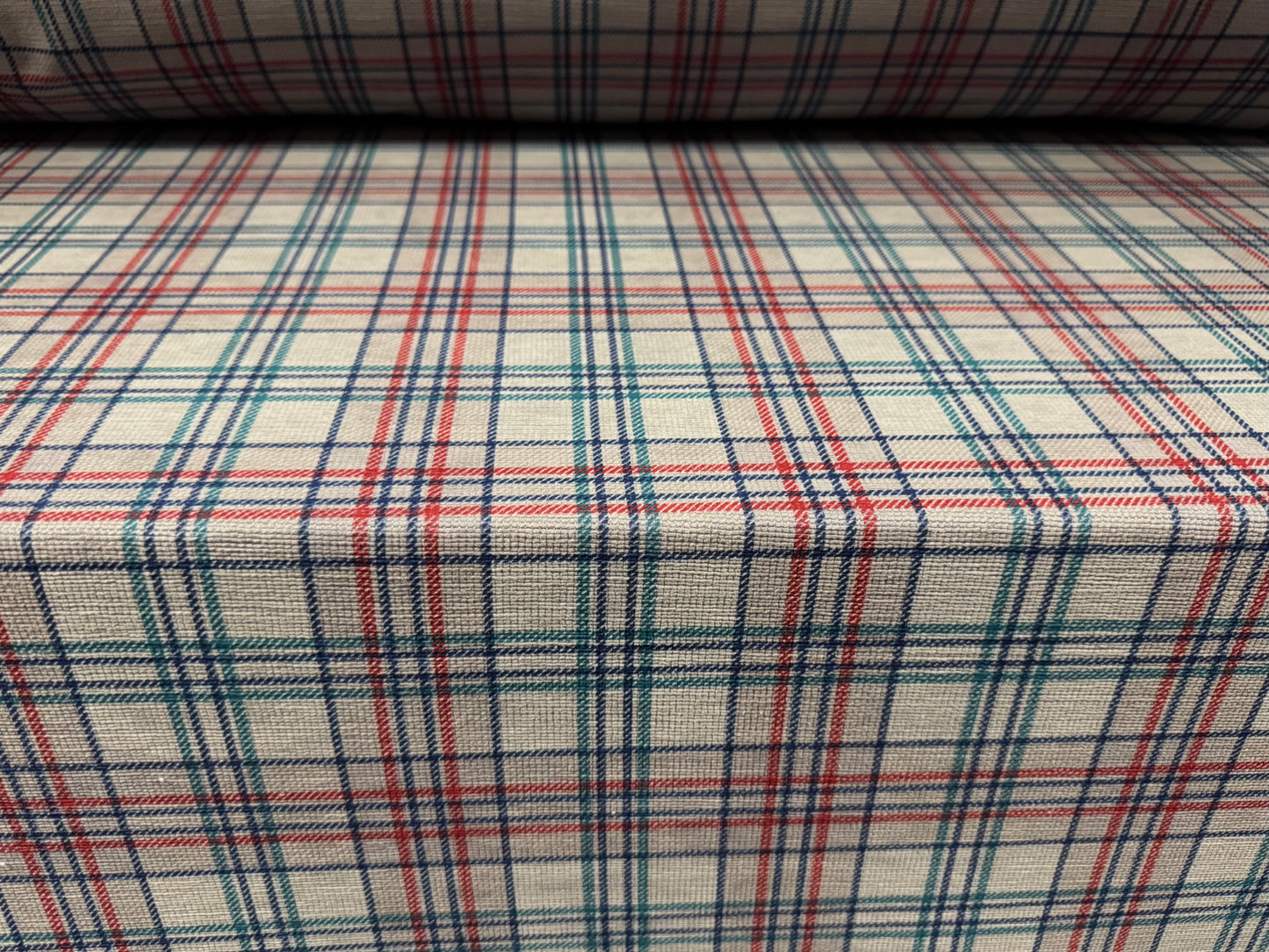 Chenille upholstery fabric, per metre - plaid check print - stone red & emerald