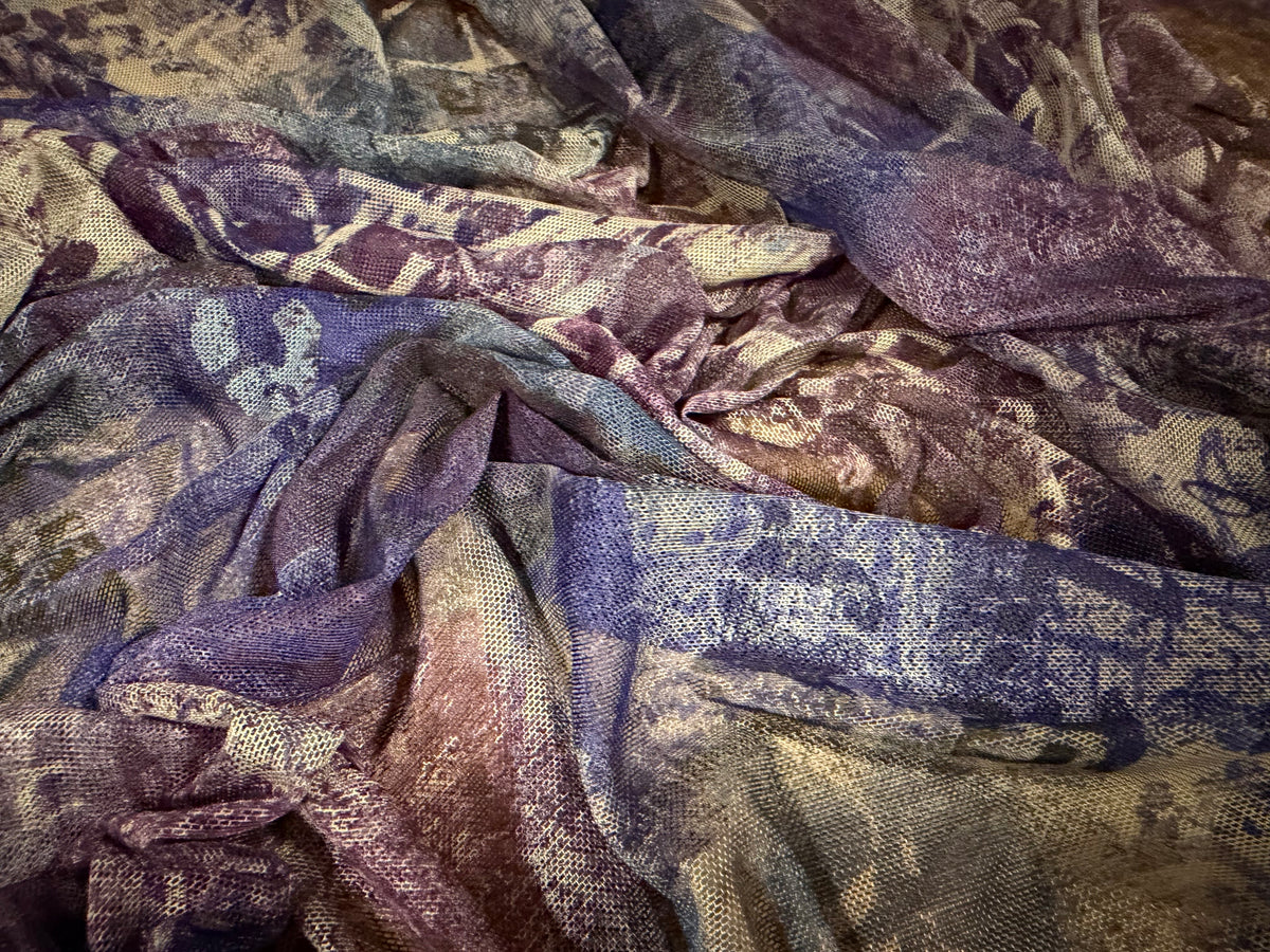 Power mesh stretch spandex fabric, per metre - graffiti street art print - violet & blue