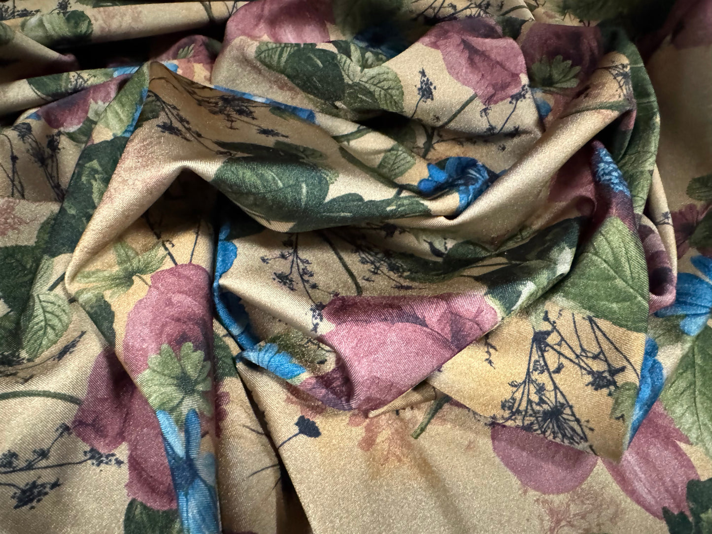 Swimwear stretch spandex jersey fabric, per metre - wild rose print - old gold, cobalt & magenta