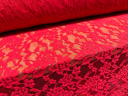 Soft stretch lace dress fabric, per metre - scalloped selvedge - floral - bright red